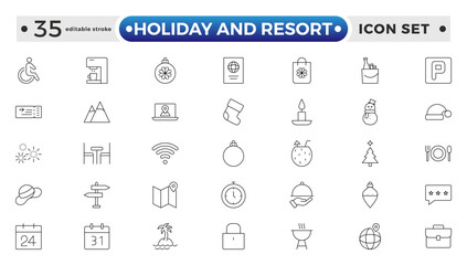 Holiday and Resort outline icon set. Summer travel icon set. holiday tour icons for app and website containing hotel sun camp mountain drink plane island. Editable stroke outline icon.
