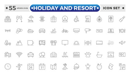 Holiday and Resort outline icon set. Summer travel icon set. holiday tour icons for app and website containing hotel sun camp mountain drink plane island. Editable stroke outline icon.
