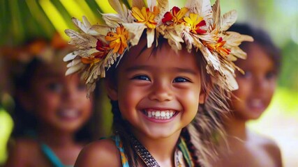 Pacific islander young child girl with floral crown and necklace smiles warmly in a tropical setting  - Powered by Adobe