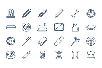 Knitting, Crocheting and Sewing Icon Set. Collection of Line Art Icons Including Yarn, Needles, Scissors, Sweaters, Buttons, and More  Elements Vector Illustration on White Background