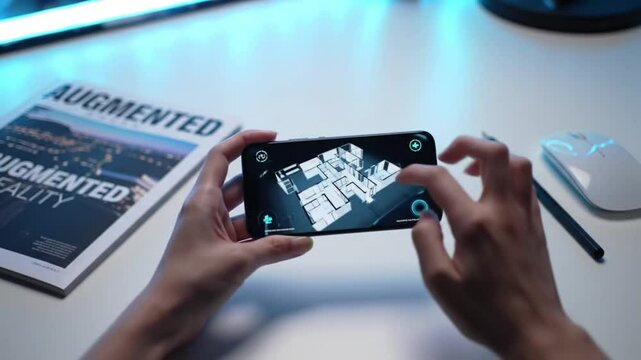 Hands Interacting with 3D Architectural Floor Plan on Smartphone Augmented Reality App, Modern Technology, AR Home Design