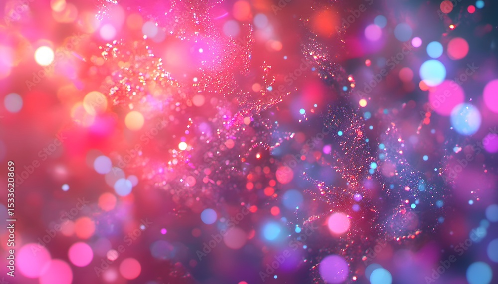 Poster abstract display of vibrant, glowing particles in a colorful bokeh effect.