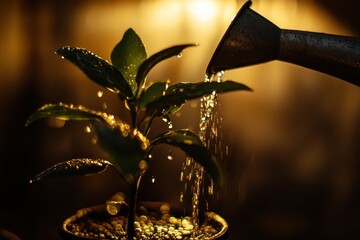 Watering a small plant in a pot under warm, golden light.