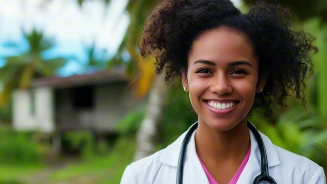  Smiling Pacific islander woman wearing a white lab coat and a stethoscope. She is a doctor. The image has a happy and positive mood