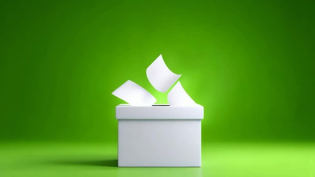 Papers Being Thrown Into A White Box Against A Vibrant Green Background Creating Dynamic Movement
