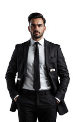 Fototapeta premium A confident male leader in a black tie and jacket, standing amidst abstract business data, representing his ability to make