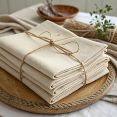 Stack of Beige Cotton Napkins Tied with Twine