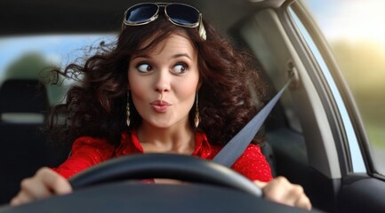 Funny woman: anxious driver, comical reaction, joyful mood, frightened expression, car journey, nervous energy, humorous situation, playful attitude, emotional drive, lighthearted scene