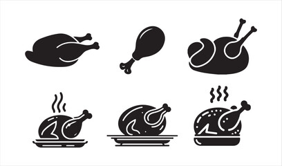 Roasted Chicken Icon Set on Plate – Line Art Style
