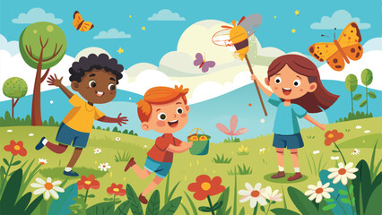Obraz premium Cheerful children playing and catching butterflies in a delightful summer garden scene