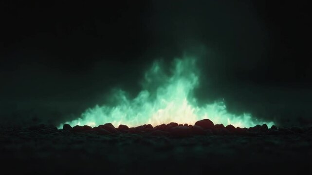 Mysterious green flames illuminating dark rocky terrain