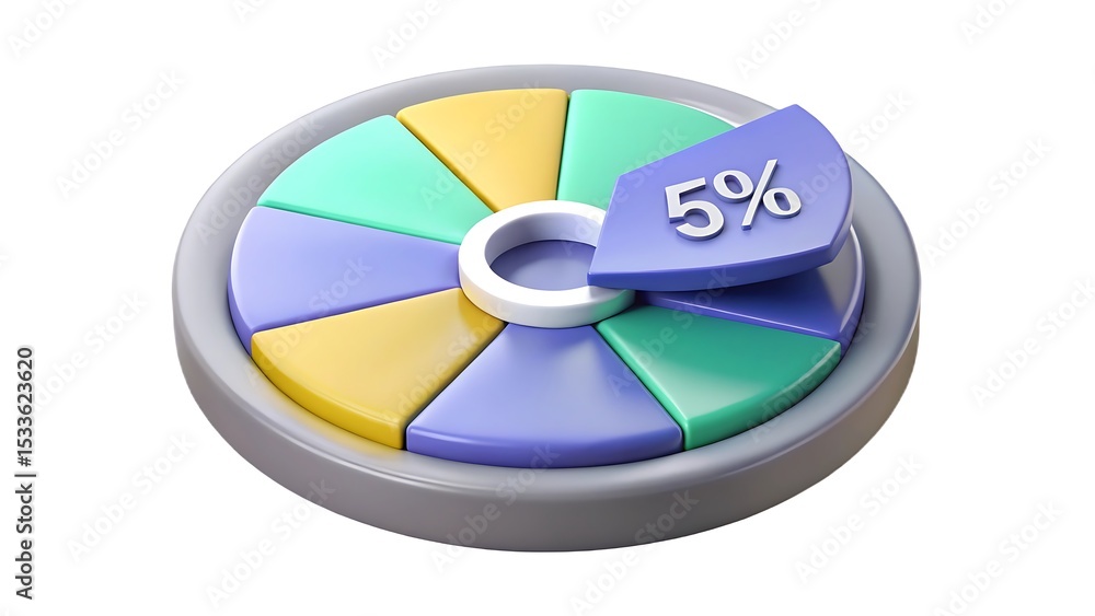 Poster 3d rendering of a pastel pie chart representing a five percent data segment for business and financi