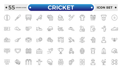 Cricket outline Icon Set. Bat, Ball, Wicket, Player & Match Vector Symbols Collection. Editable stroke outline icon.

