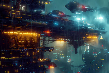 Fototapeta premium Floating City at Night With Rain