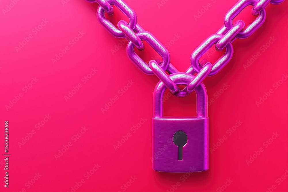 Poster integrity access lock encryption verification concept. lock and chain against a vibrant pink backgro