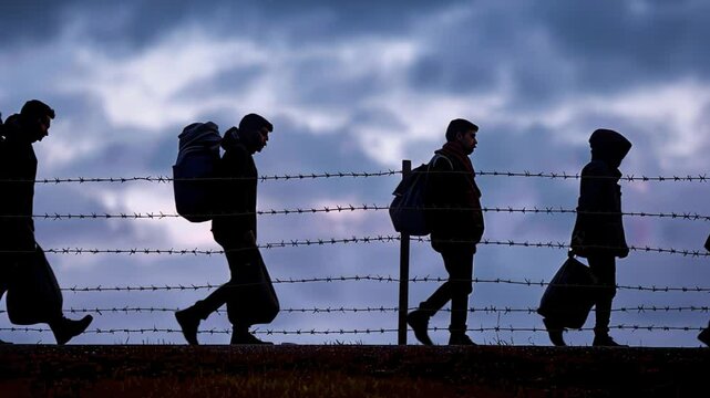 silhouettes migrants traveling along a barbed wire fence during twilight hours