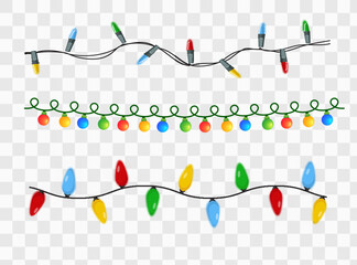 Christmas decorations, isolated on transparent background. Silver string garlands with balls realistic set. White Xmas decor. Festive design element