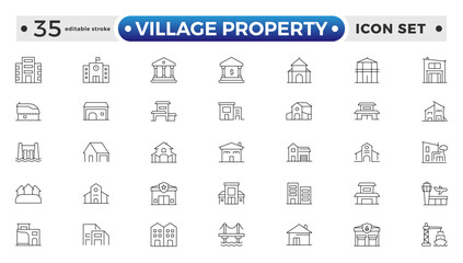 Village Property outline Icon Set. Stylish and professional icons designed for the real estate industry, perfect for enhancing property listings, and websites. Editable stroke outline icon.
