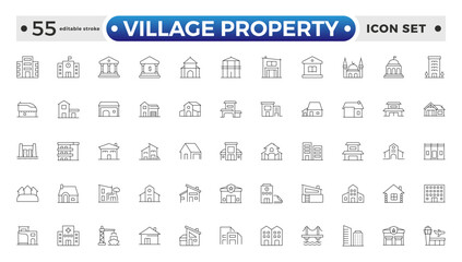 Village Property outline Icon Set. Stylish and professional icons designed for the real estate industry, perfect for enhancing property listings, and websites. Editable stroke outline icon.
