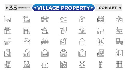 Village Property outline Icon Set. Stylish and professional icons designed for the real estate industry, perfect for enhancing property listings, and websites. Editable stroke outline icon.
