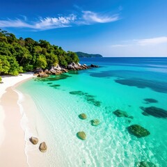 Fototapeta premium Tranquil beach scene tropical island nature photography serene environment aerial view coastal paradise