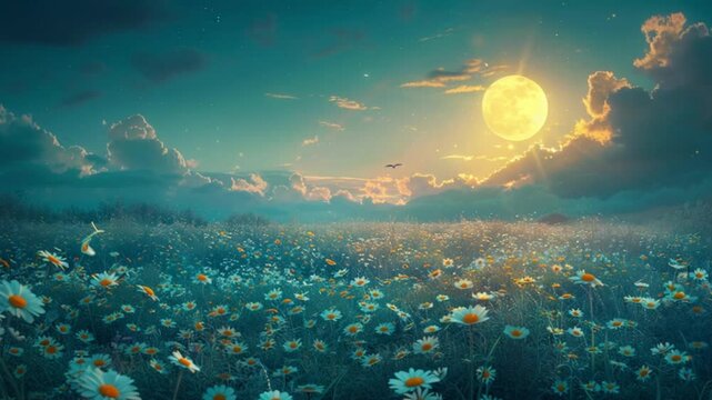 Big chamomile flower at night with bright moon shining