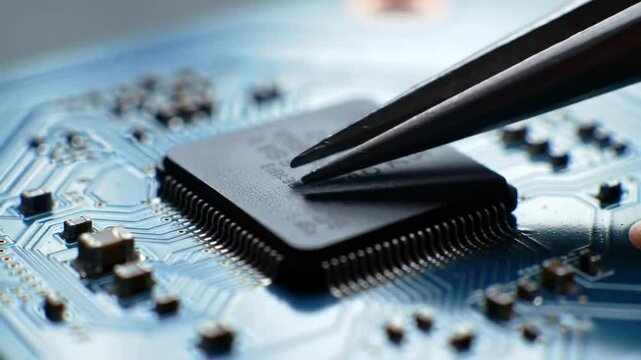 Black Microchip Held by Tweezers Above a Light Blue Circuit Board with Macro Detail