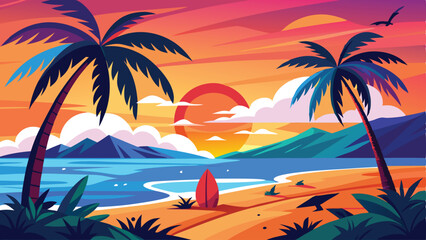 Colorful beach sunset scene with palm trees and surfboard in a vibrant illustration