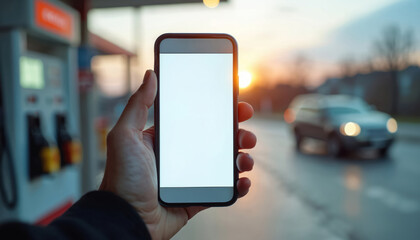 Hand holds smartphone blank screen at gas station evening. Modern mobile phone with copy space, interface, for navigation or app promotion. Electric vehicle charging station background.