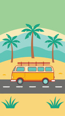 Colorful beach vacation scene featuring a vintage van and palm trees illustration