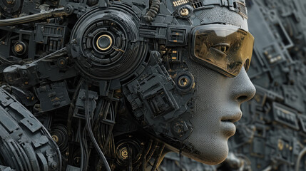 Stylish handsome cyborg head in profile. Futuristic man