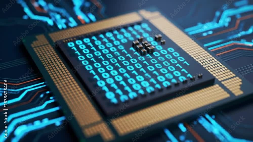 Poster computer processor displaying binary code on blue circuit board in close up detailed view