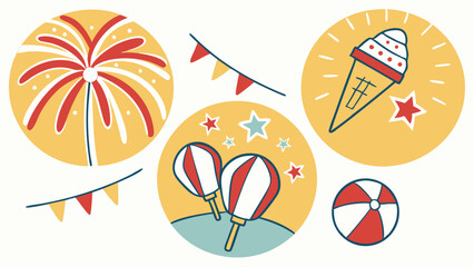 Illustration of festive summer icons including fireworks ice cream beach ball and party decorations