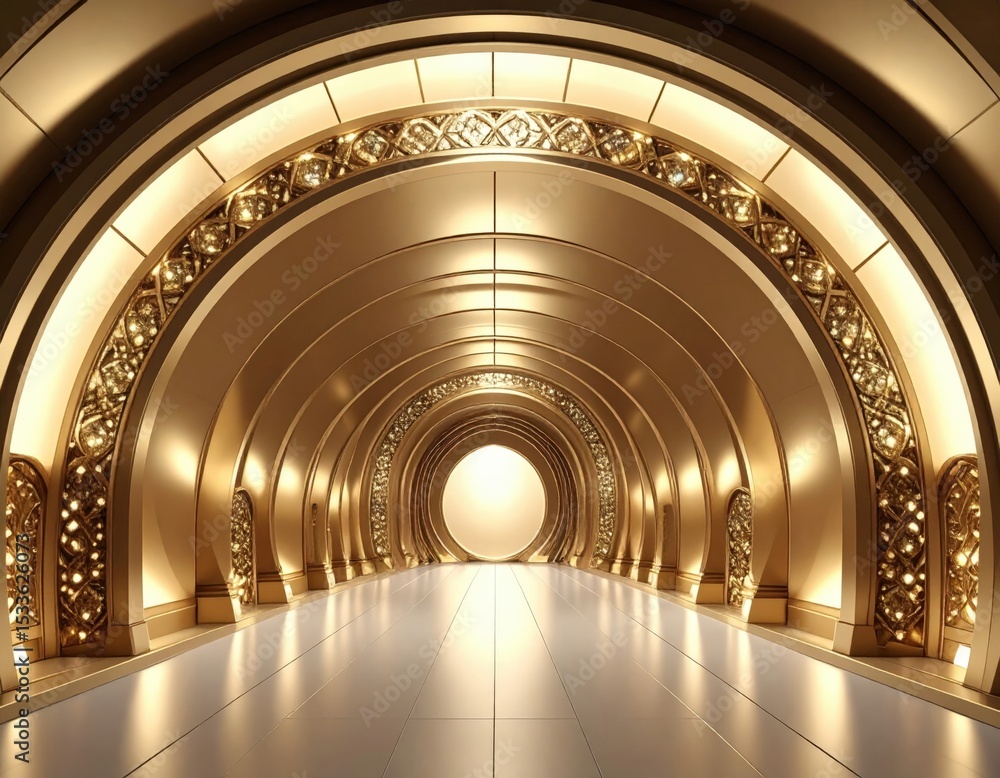 Poster illuminated golden tunnel structure modern architecture visual art interior design perspective aesth