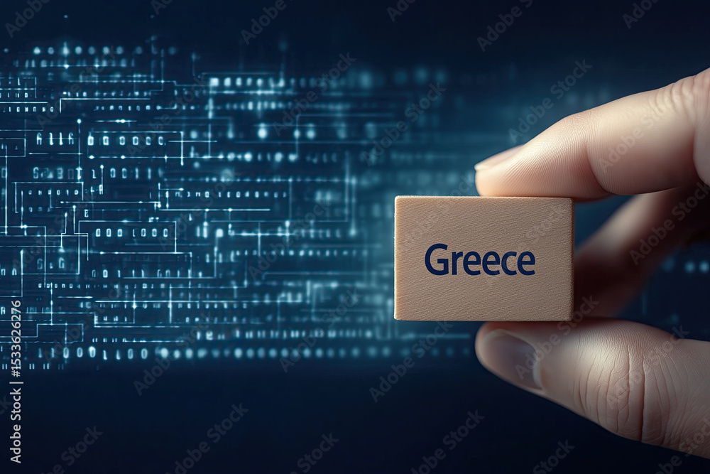 Poster hand holds small greece-labeled cube against illuminated digital circuit board background pattern.