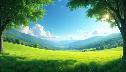 Fototapeta premium Rich green meadow landscape. Blue sky with white clouds. Scenic view of rolling hills and forest trees. Nature, travel, tourism concept. Panorama, perfect scenery, summer vacation.