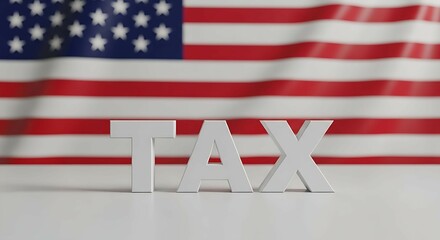 The word tax rendered in white 3d letters on a white surface with a waving United States flag in the background for finance and business.