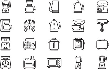 Kitchen Appliance Icons: A collection of simple line icons depicting various kitchen appliances, including blenders, coffee makers, kettles, mixers, toasters, and more.