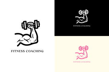 vector illustration of flexed muscular arm with a dumbbell, logo for personal trainer, gym instructor, health and wellness, workout, exercise, bodybuilding, fitness coaching, and more