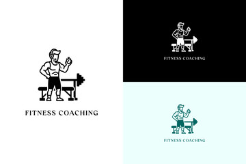 vector illustration of fitness coach wearing a headset with stopwatch, logo for personal trainer, gym instructor, health and wellness, exercise, workout, fitness coaching, and more