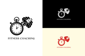 illustration of stopwatch with a dumbbell, icon, vector logo for gym, running, weightlifting, workout, instructor, personal trainer, exercise, health and wellness, fitness coaching, and more