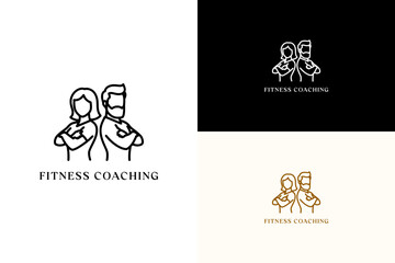 illustration of male and female figure with crossed arms, vector logo for personal trainer, gym instructor, workout, exercise, health and wellness, bodybuilding, fitness coaching, and more