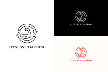 illustration of two circular arrows with flexed arm, vector logo for workout, gym, exercise, weightlifting, bodybuilding, personal trainer, instructor, health, fitness coaching, and more