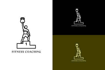 person standing on a podium holding a kettlebell illustration, vector logo for winner, bodybuilding, weightlifting, health and wellness, gym, workout, fitness coaching, and more
