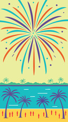Obraz premium Colorful fireworks burst over a tropical beach scene suitable for summer holidays