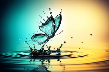 Water Butterfly Emerges Gracefully from Ripples Captivating Splashes of Teal and Gold a Stunning Display of Nature