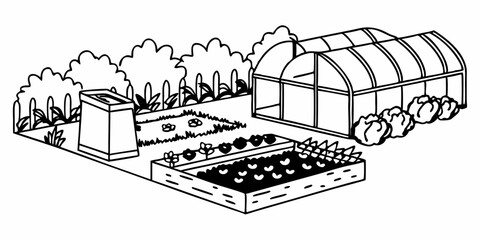 Isometric backyard garden with compost bin, greenhouse, raised beds, and vegetable crops &ndash; eco-friendly concept
