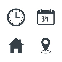 Vector set of black clock, time, and calendar icons with hour, minute, and second hands for business deadline concepts