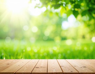 Sunlit wooden table in green nature setting outdoor scene vibrant background serene atmosphere