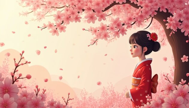 Japanese girl in kimono stands in blooming sakura garden. Pink cherry blossom flowers, delicate paper cut art style. Springtime, traditional Japanese culture, scenic landscape. Artwork femininity,